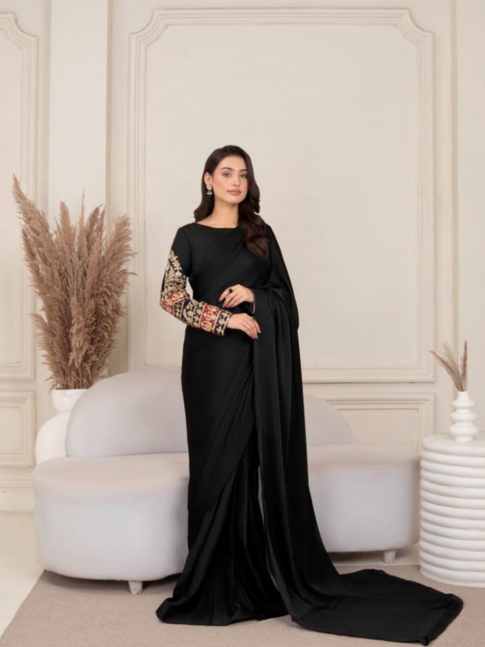 Pre draped black silk saree set with embroidered blouse